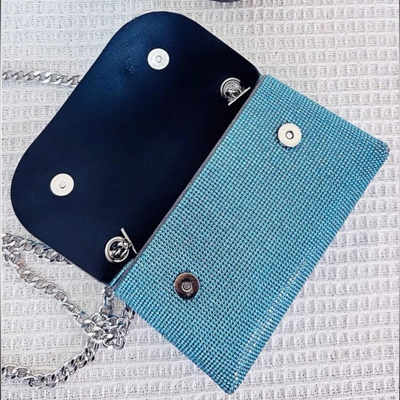 Rhinestone Crystal crossbody metallic wallet chain woc bag purse blue aqua - Picture 8 of 9